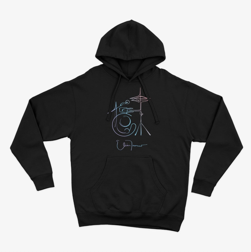 Line drawn rainbow drum set black hoodie Elise Trouw