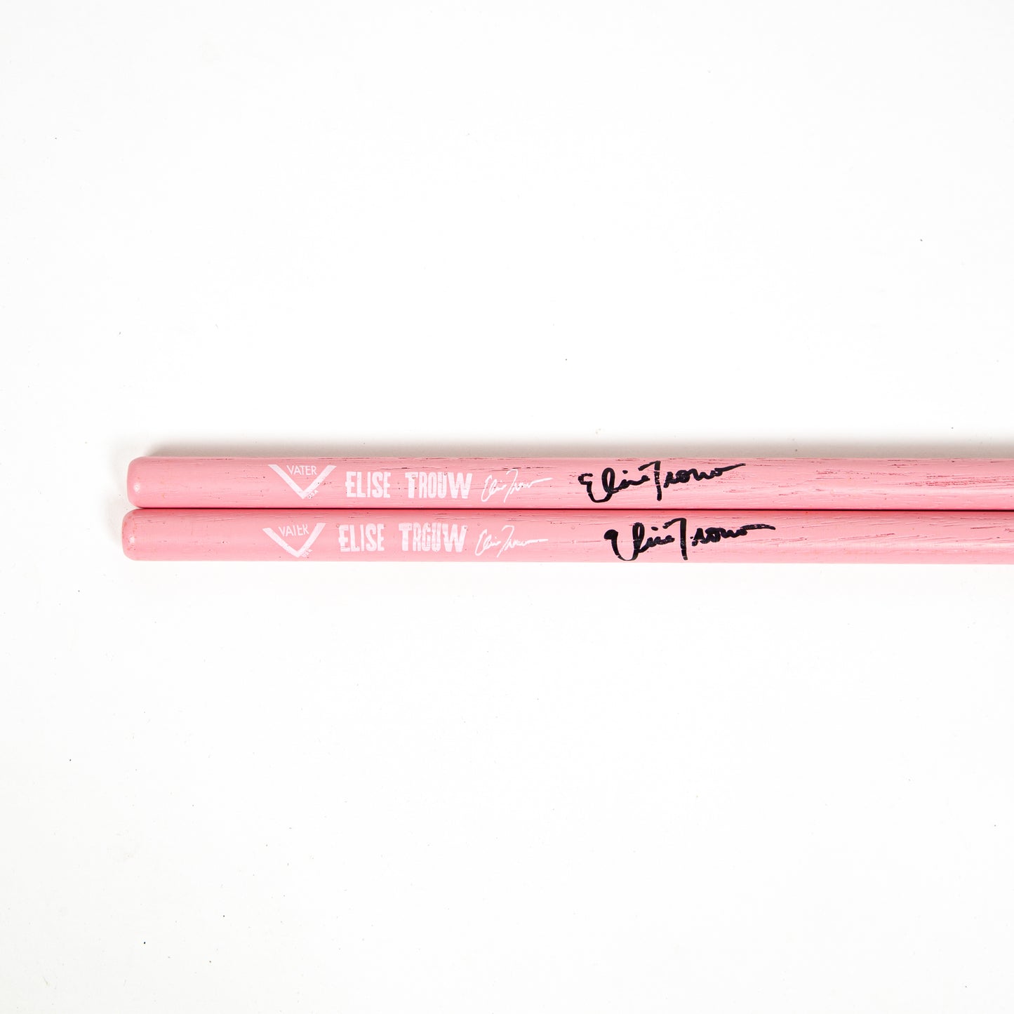 ET signature autographed pink vater drumsticks close up ends Elise Trouw